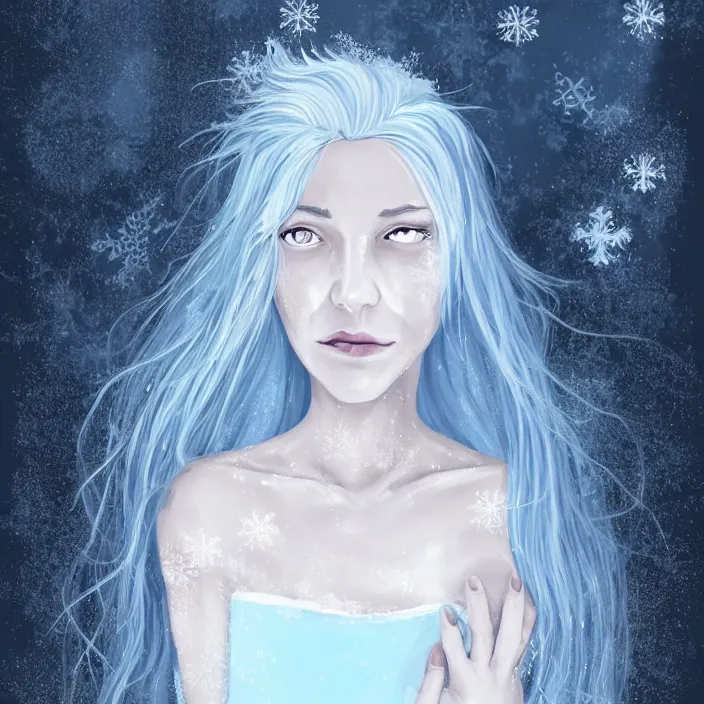 Image similar to full body portrait of a woman dying of hypothermia, with very white skin and pale blue hair wearing a long white dress made out of snowflake in the middle of a heavy snowstorm. sickly looking. digital art by maromi sagi