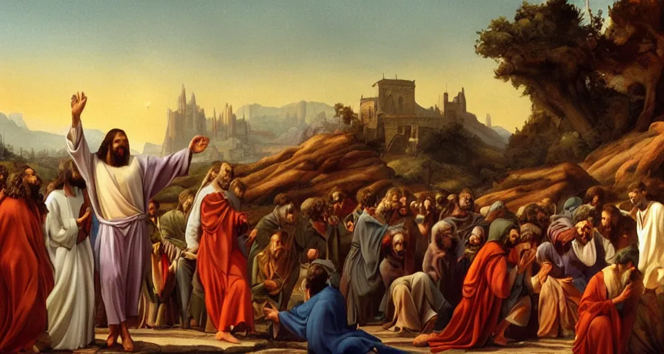 Image similar to jesus dabs in front of the apostles, matte painting, concept art, michaelangelo