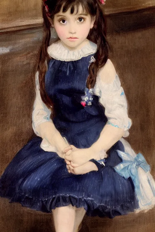 Image similar to a realistic portrait of black - haired little girl in a blue lolita dress with stars and petticoat sitting on the subway by eugene delacroix, detailed eyes, 4 k resolution