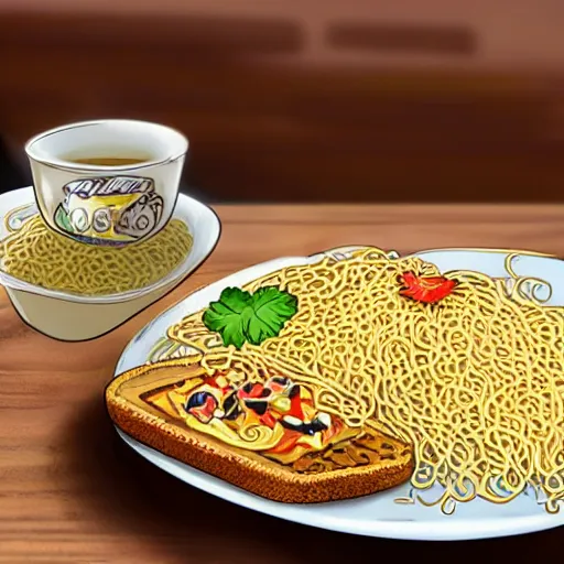 Image similar to obese cat sitting in behind a plate of indomie mi goreng noodles on toast, traditional artstyle