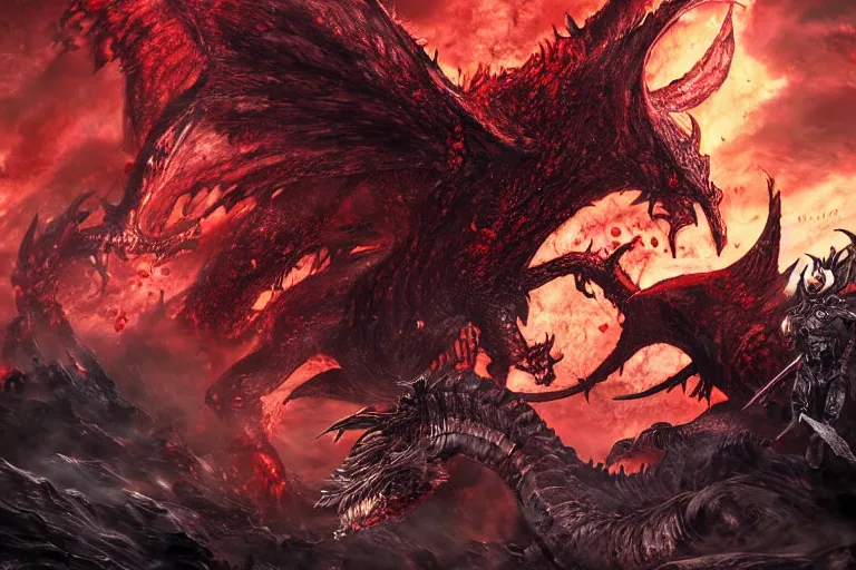 Prompt: ultra-detailed epic artwork of blood lord fighting black angel in the battle of humans with blood dragons in the bone valley digital art hd 8k ultra-detailed