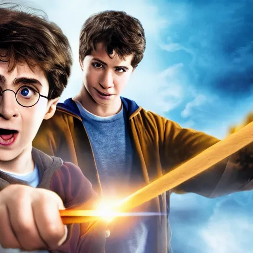 Prompt: harry potter and percy jackson playing rock paper scissors, cinematic still, high quality, high definition, 4 k