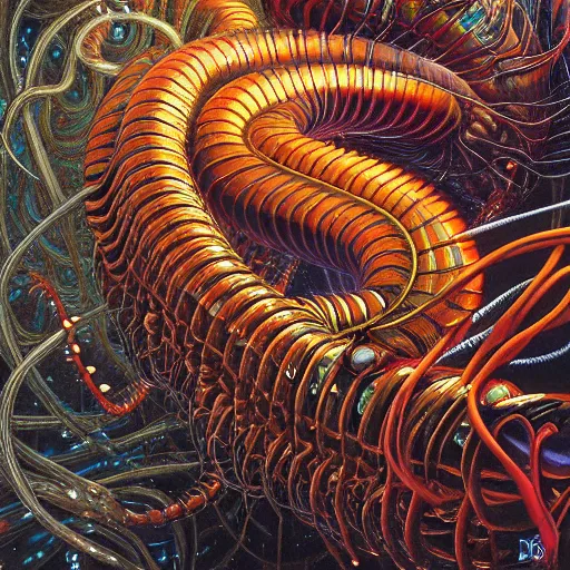 Prompt: realistic detailed oil painting of a centipede. surreal, by lisa frank, ayami kojima, amano, karol bak, greg hildebrandt, and mark brooks, neo - gothic, gothic, rich deep colors. beksinski painting, part by dan mumford and gerhard richter. art by takato yamamoto. masterpiece