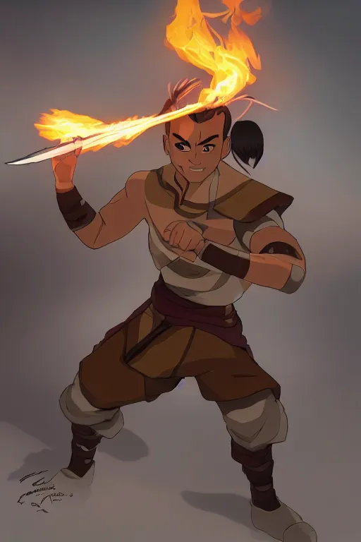 Prompt: Sokka is shocked find out that he is a fire bender by accidentally setting his boomerang on fire, made by Stanley Artgerm Lau, WLOP, Rossdraws, ArtStation, CGSociety, concept art, cgsociety, octane render, trending on artstation, artstationHD, artstationHQ, unreal engine, 4k, 8k,
