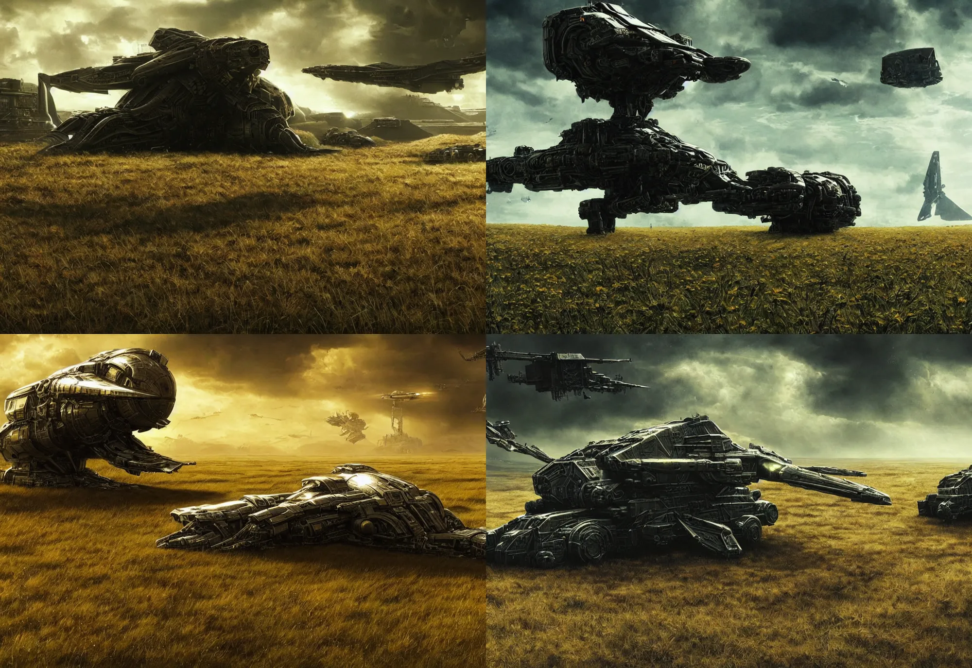 Prompt: neil blomkamp film landscape, hyper realistic, cinematic, perfect composition, golden ratio, extreamly detailed, detailed grass, detailed crash space ship, extreamly detailed sky, physical correct lgiht and shadow