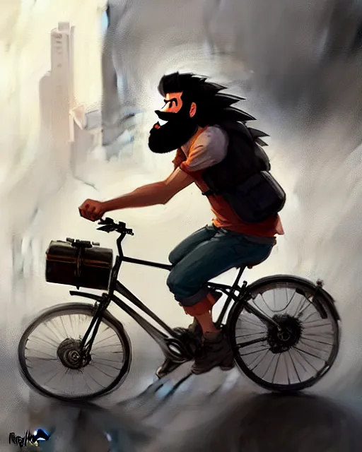 Image similar to a ultradetailed painting of a long - haired bearded uber eats food delivery guy on a bicycle, greg rutkowski and makoto shinkai trending on artstation