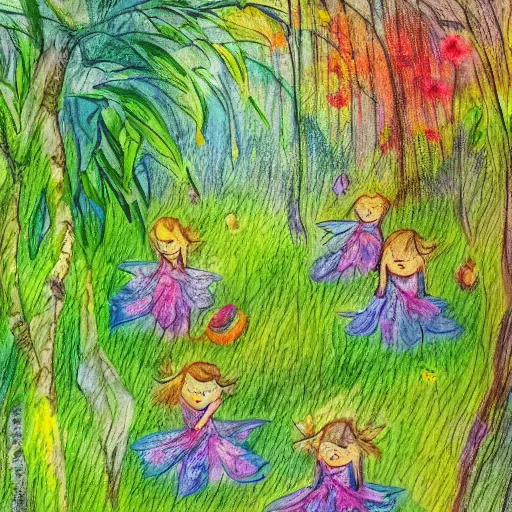 Prompt: tiny fairies playing hide and seek in a dense floral forest, green, colourful, playful, drawing, impressionism