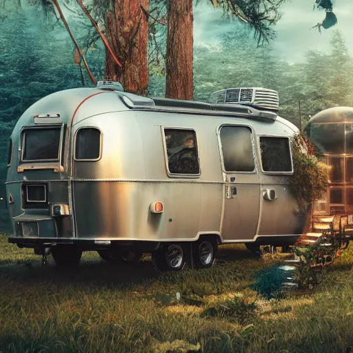 Prompt: islandpunk vintage airstream combined with a treehouse, fine art, digital painting, cinematic lighting, hyperdetailed, photorealistic, 8k, high resolution, vibrant colors, insanely detailed and intricate, ray tracing, award winning, featured in artstation, octane render