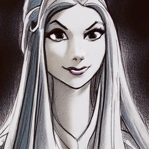 Image similar to milt kahl sketch of victoria justice with done up hair, tendrils covering face and ponytail as princess padme from star wars episode 3