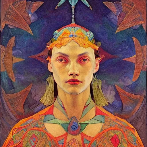 Image similar to the night crown, by Annie Swynnerton and Nicholas Roerich and Diego Rivera, embroidered robes, starry tattoos, elaborate costume, geometric ornament, symbolist, soft colors, dramatic lighting, smooth, sharp focus, extremely detailed