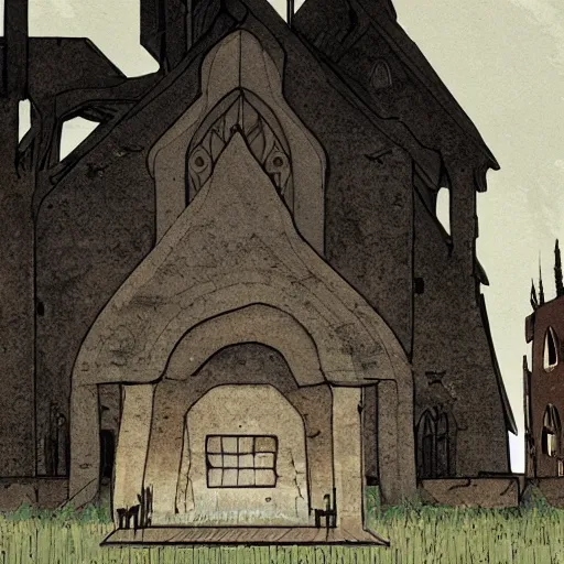 Prompt: a burnt out church, cel shaded, studio ghibli