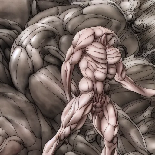 Image similar to a crawling mountain of muscles, highly detailed, anime, pale colors, award winning pictures, by studio mappa, by studio wit