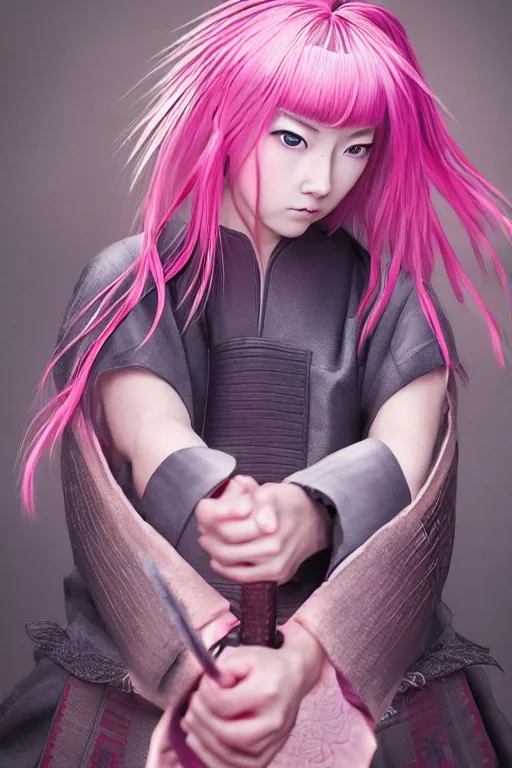 Image similar to highly detailed beautiful photo of a young female samurai, practising sword stances, symmetrical face, beautiful eyes, pink hair, realistic anime art style, 8 k, award winning photo, pastels colours, action photography, 1 / 1 2 5 shutter speed, sunrise lighting