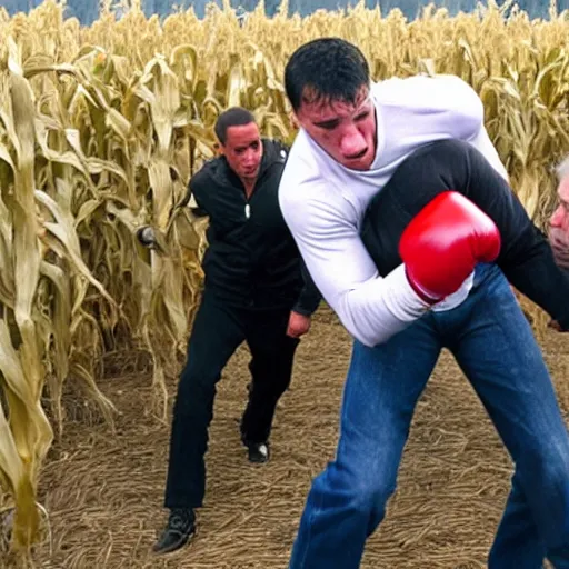 Image similar to rocky balboa punching joe biden in the middle of a corn maze