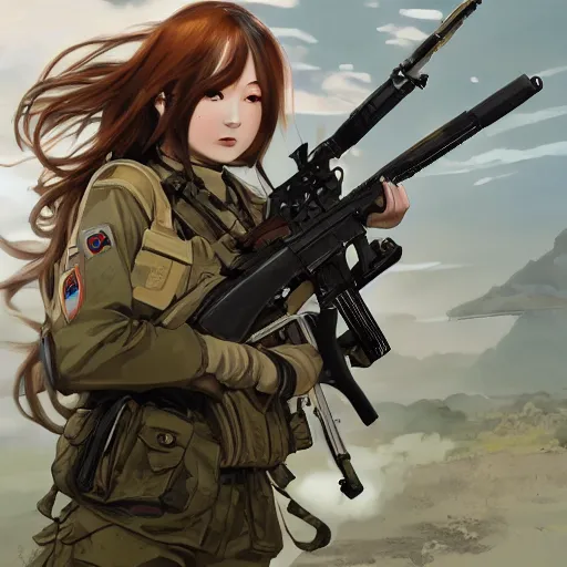 Image similar to soldier girl, war action, anime style, long hair, hair down, symmetrical facial features, girls frontline cg, hyper realistic, pale skin, 4 k, rule of thirds, extreme detail, detailed drawing, trending artstation, hd, storyboard, d & d, by alphonse mucha, greg rutkowski, sharp focus, backlit