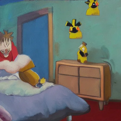 Prompt: sad masterful oil painting of twice divorced alcoholic pikachu alone in his room
