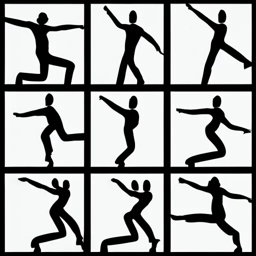 Image similar to visual instructions for a dance routine, black and white, ikea style, movement visible with dotted lines