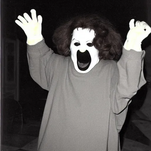 Image similar to creppy 2 0 0 1 photo of ronald mcdonald screaming in a dark room