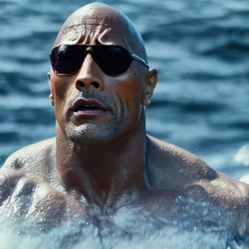 Image similar to close up cinematic still of Dwayne Johnson in JAWS