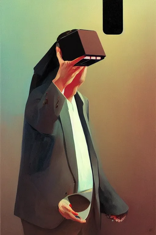 Image similar to satoshi nakamoto wearing oculus and bitcoin over his head edward hopper and james gilleard, zdzislaw beksisnski, higly detailed