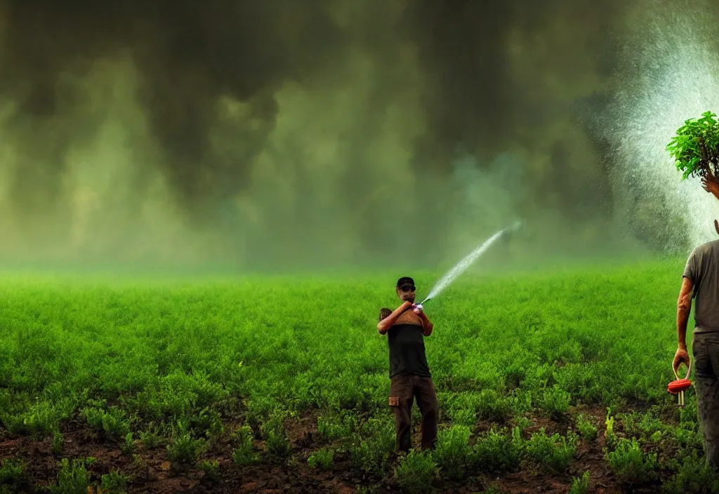 Image similar to a man watering the last plant on earth as the world burns, green leaves, apocalyptic background, smoke, doomsday art