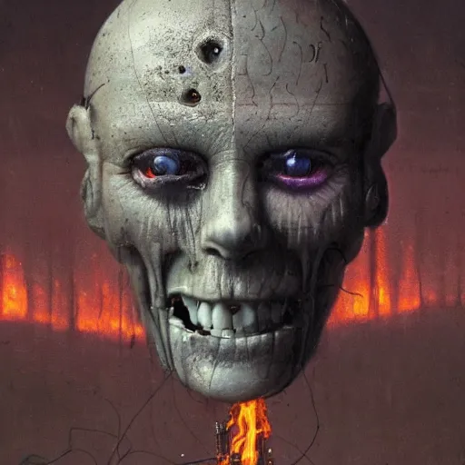 Prompt: an realistic humanoid animatronic made of rubbish with a creepy happy face, lost look, sparks, destroyed city on fire, broken wires, depth of field, robotic limbs on floor, by Greg Rutkowski and Zdzisław Beksiński, expressive face, synthetic skin, burnt