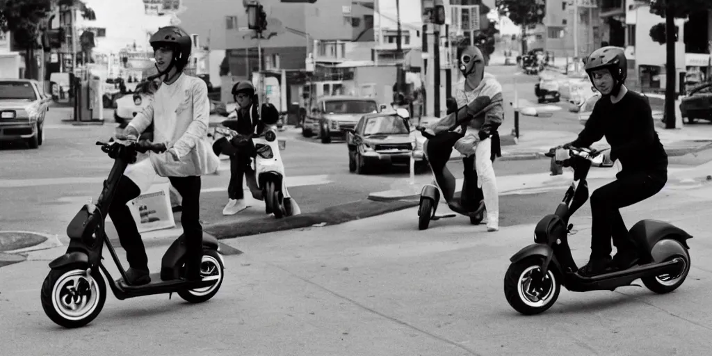 Image similar to cat riding electric scooter in san francisco, 80s cartoon style