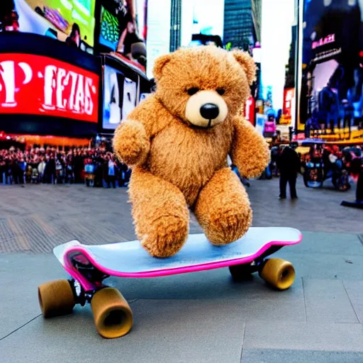 Image similar to a teddy bear on a skateboard in times square