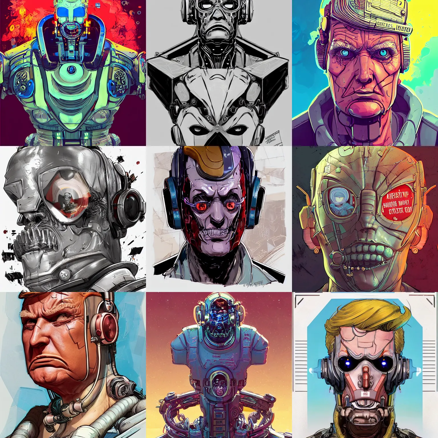 Prompt: a study of cell shaded portrait of cybernetic donald trump as Borderlands 3 concept art, llustration, post grunge, concept art by josan gonzales and wlop, by james jean, Victo ngai, David Rubín, Mike Mignola, Laurie Greasley, highly detailed, sharp focus, alien, Trending on Artstation, HQ, deviantart, art by artgem