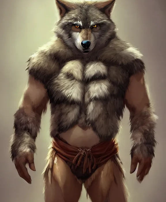 Image similar to burly tough character feature portrait of the anthro male anthropomorphic wolf fursona animal person wearing tribal primitive caveman loincloth outfit belt standing in the entrance to the cave, center framed character design stylized by charlie bowater, ross tran, artgerm, makoto shinkai, detailed, soft lighting, rendered in octane