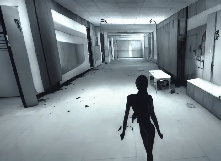 Image similar to mirror's edge first person horror game, photorealistic, pitch black, extremely dark, scary, no lighting, screenshot