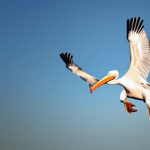 Prompt: a picture of a huge flying pelican made of fully transparent glass. the glass pelican is transparent has its wings spread. symmetrical photo. very detailed, professional lighting diffracted lightrays 4 k.