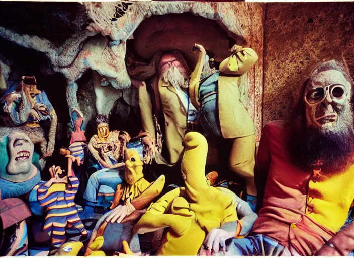 Prompt: dramatic color photo of dadcore occult wizards on vacation in ibiza by basil wolverton by robert crumb by william eggleston by annie leibovitz by chet zar, detailed and creepy, fujifilm velvia 5 0, color photography, sigma 2 8 mm