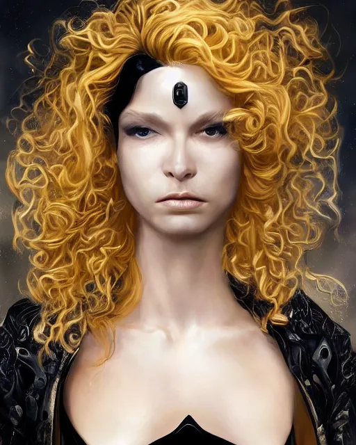 Prompt: a pretty androgynous albino prince in a black gilded obsidian bodysuit, long fluffy golden blonde curly hair, digital painting, sci-fi setting, symmetrical features, Daniel Gerhartz, high detail intricate, artstation, WLOP, Artgerm, J. Scott Campbell; Olivia De Berardinis, Daniel Gerhartz, jack kirby, mysterious vibes