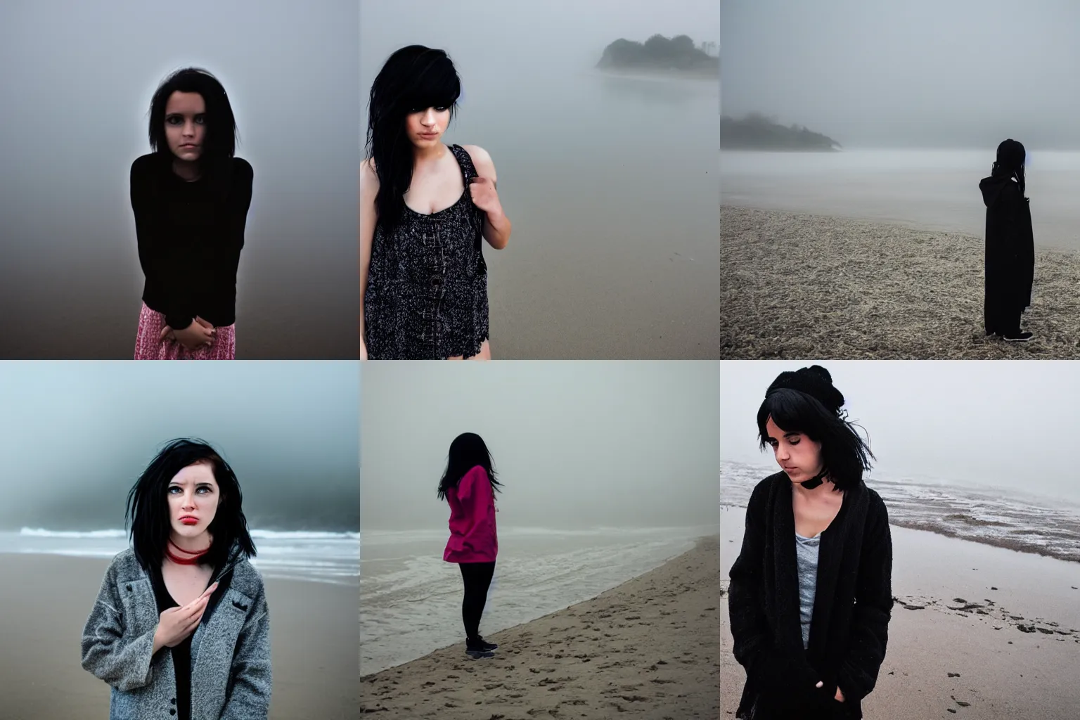 Prompt: an emo girl, black hair, on the beach on a cold foggy day