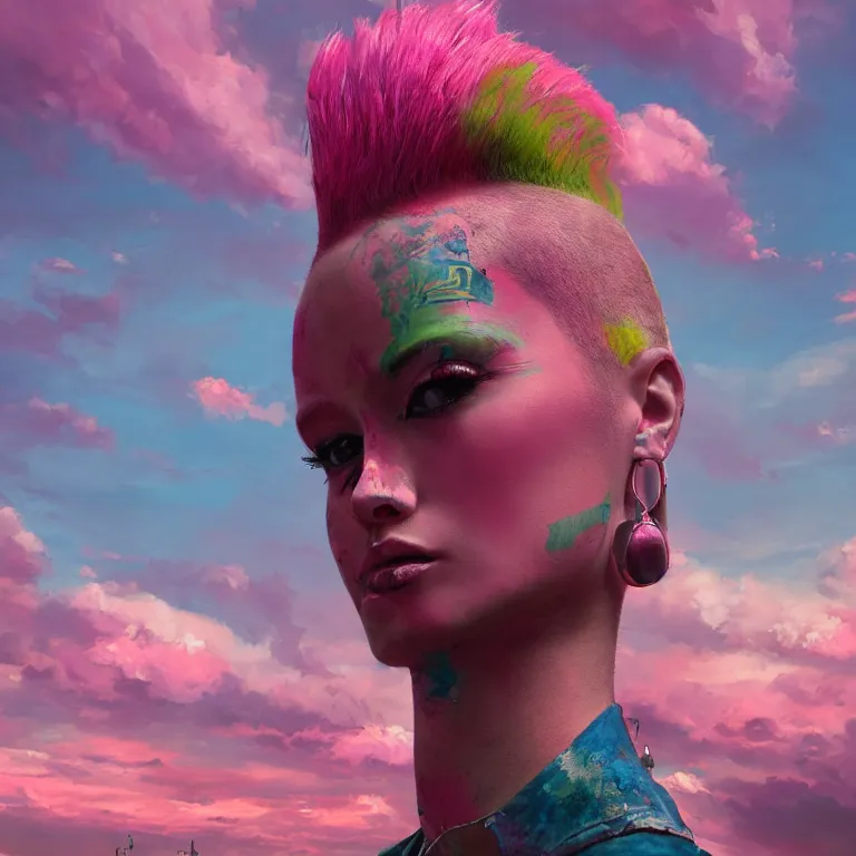 Prompt: oil painting, punk, pretty face, rich deep colors masterpiece, pink, people with mohawks, neon, ultra detailed, contrast, heaven pink, arches, clouds, sky, volumetric light, atmospheric lighting, dramatic, cinematic, steampunk, moody, octane render 4 k, 8 k