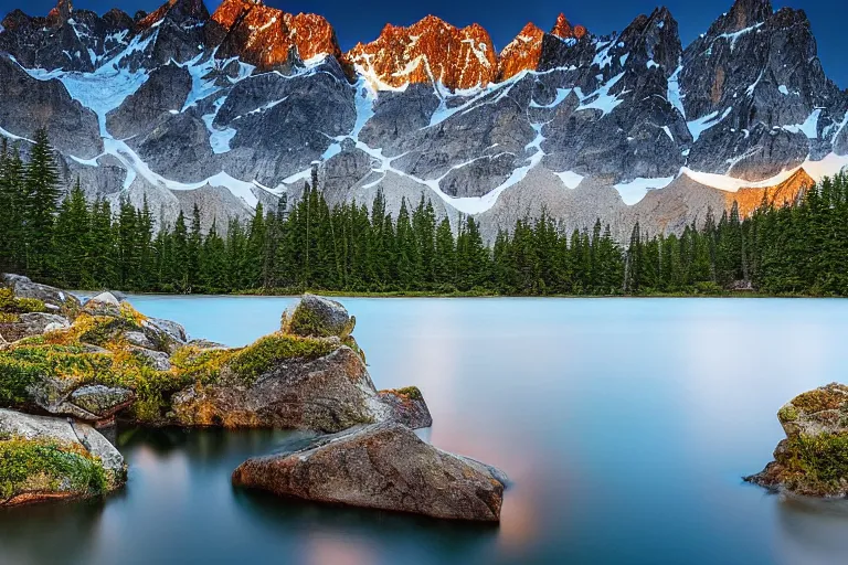 Prompt: photograph of mountains with a lake in front of them, trees on the side, rocks in foreground by marc adamus