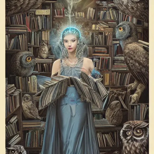 Image similar to a portrait of a older anya taylor - joy as the goddess minerva surrounded by stacks of books, owls, bioluminescent gown with deep level of detail of esoteric symbols, urban motifs, intricate, elegant, highly detailed, digital painting, trending on artstation, smooth sharp focus, illustration, art by artgerm and greg rutkowski