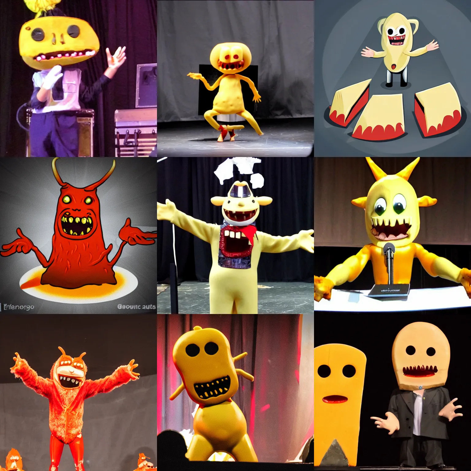 Prompt: anthropomorphic cheese on stage, demonic, hell