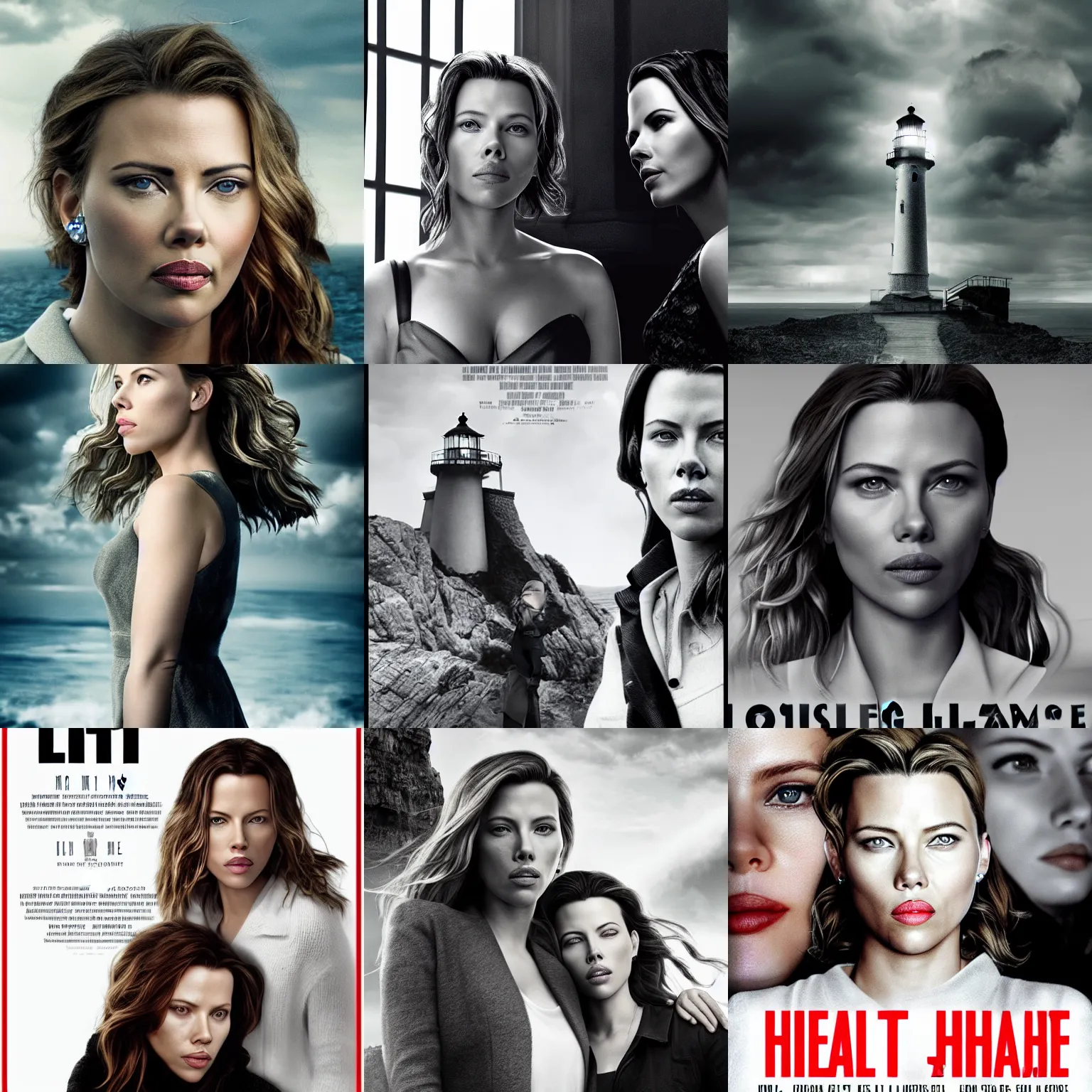 Prompt: movie Lighthouse 2019 poster with scarlett johansonn and kate beckinsale, smile, shiny eyes, grayscale, uniform, photo realistic, fog, lighthouse, cliff