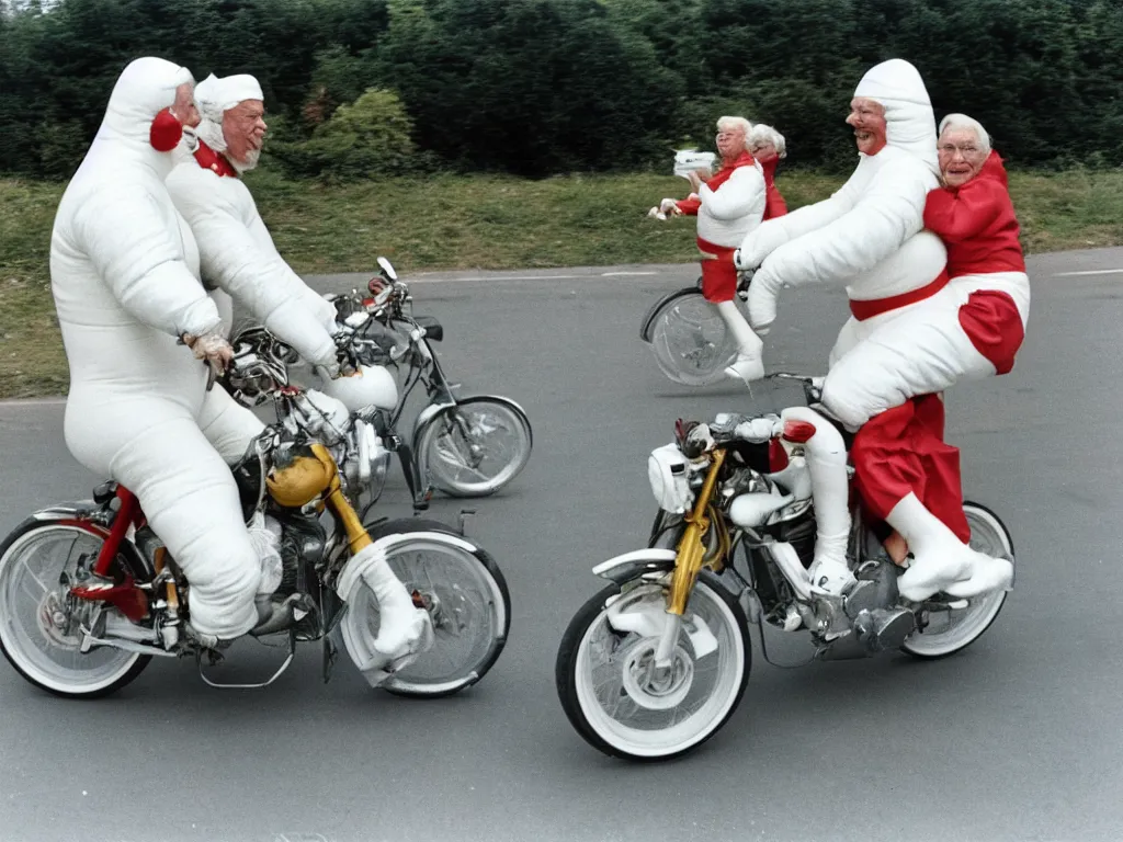 Prompt: a martin parr photo of a grandpa couple, wearing michelin man white body costumes, going super fast on a motorbike, 1 9 7 0 s kodachrome colour photo, flash on camera,