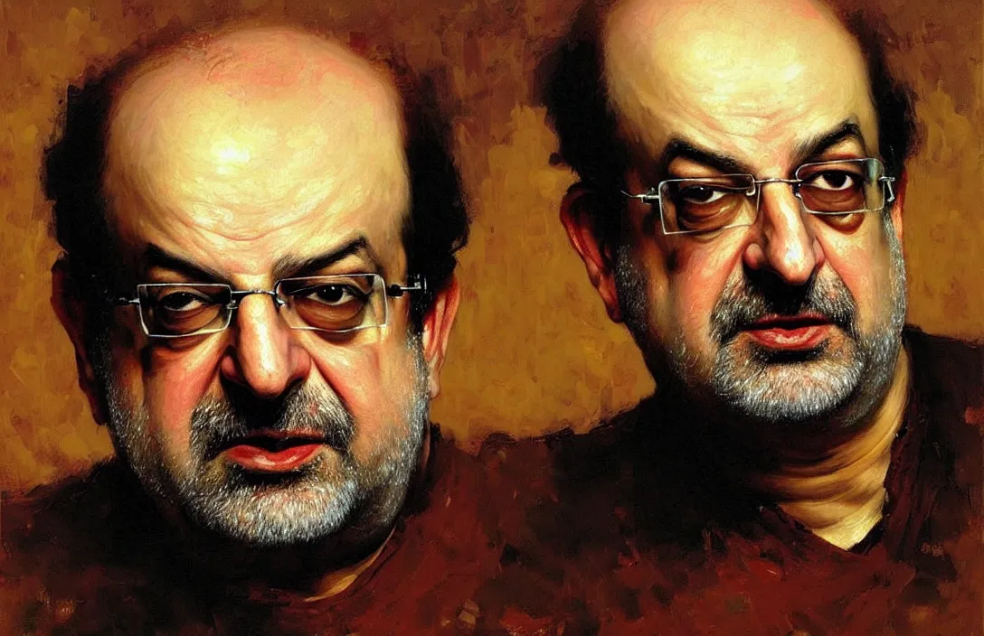 Image similar to portrait of salman rushdie!!!!!!!!!!!!!!!!!!!!!!!!!!!, detailed face, detailed painting, epic lighting, by ilya repin, phil hale and kent williams