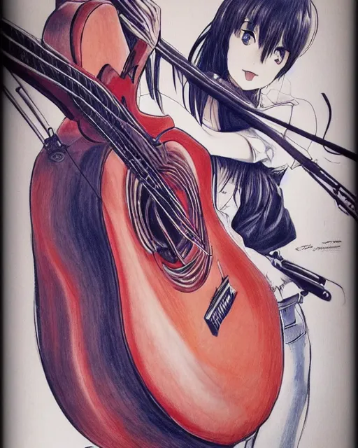 Image similar to beautiful drawing painting detailed cinematic guitar girl in anime manga frank miller ito junji style trending on pixiv artstation