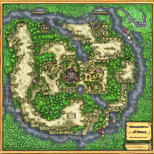 Image similar to dungeon map concept d & d forest, lake, village and build. hyper detailed