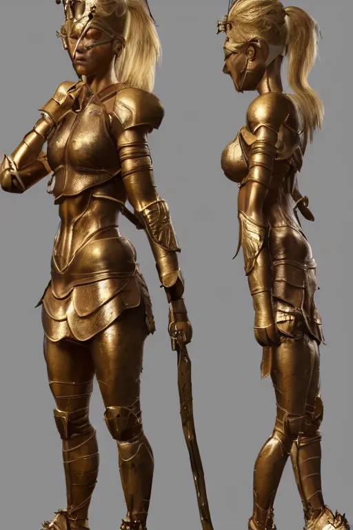 Image similar to a highly detailed sculpt of athletic girl in armor, with small golden ornaments on the shoulder : concept design iteration, cinematic light, featured on artstation, octane render, path tracing, sharp focus, 4 k