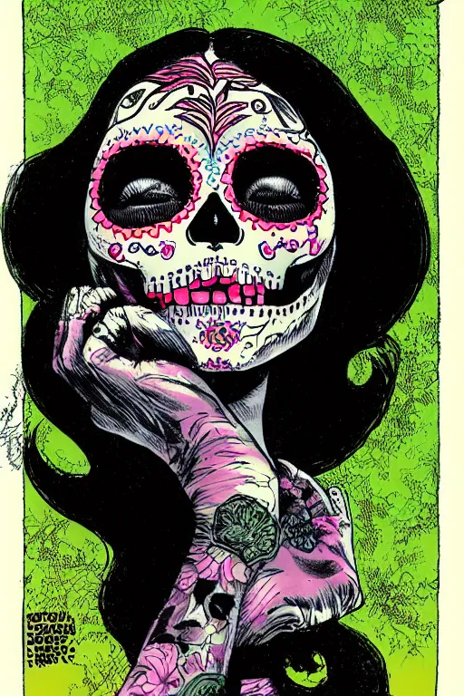 Image similar to illustration of a sugar skull day of the dead girl, art by richard corben