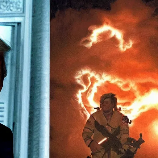 Image similar to stunning awe inspiring donald trump as a ghostbuster, movie still 8 k hdr atmospheric lighting