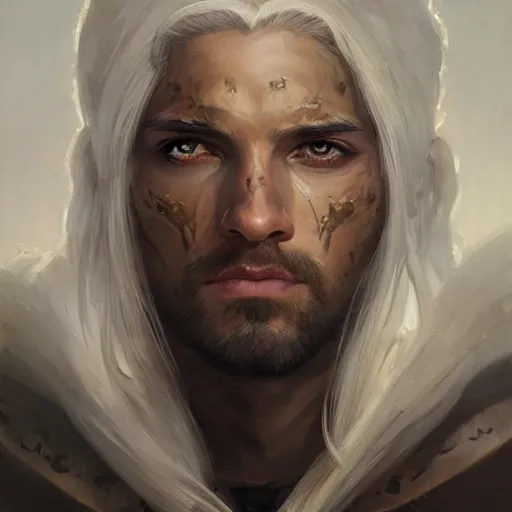 Image similar to portrait of knight, white eyes, white mid hair, scar on face, handsome, elegant, intricate, headshot, highly detailed, digital painting, artstation, concept art, sharp focus, illustration, art by artgerm and greg rutkowski and alphonse mucha