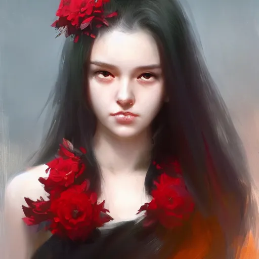 Image similar to a cute girl by ruan jia, 8 k, closeup headshot, smooth, trending on artstation, black long hair, a red flower in her hair