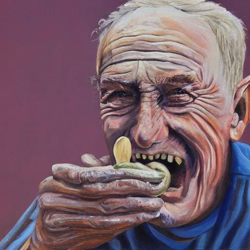 Prompt: a painting of a happy old man eating mud